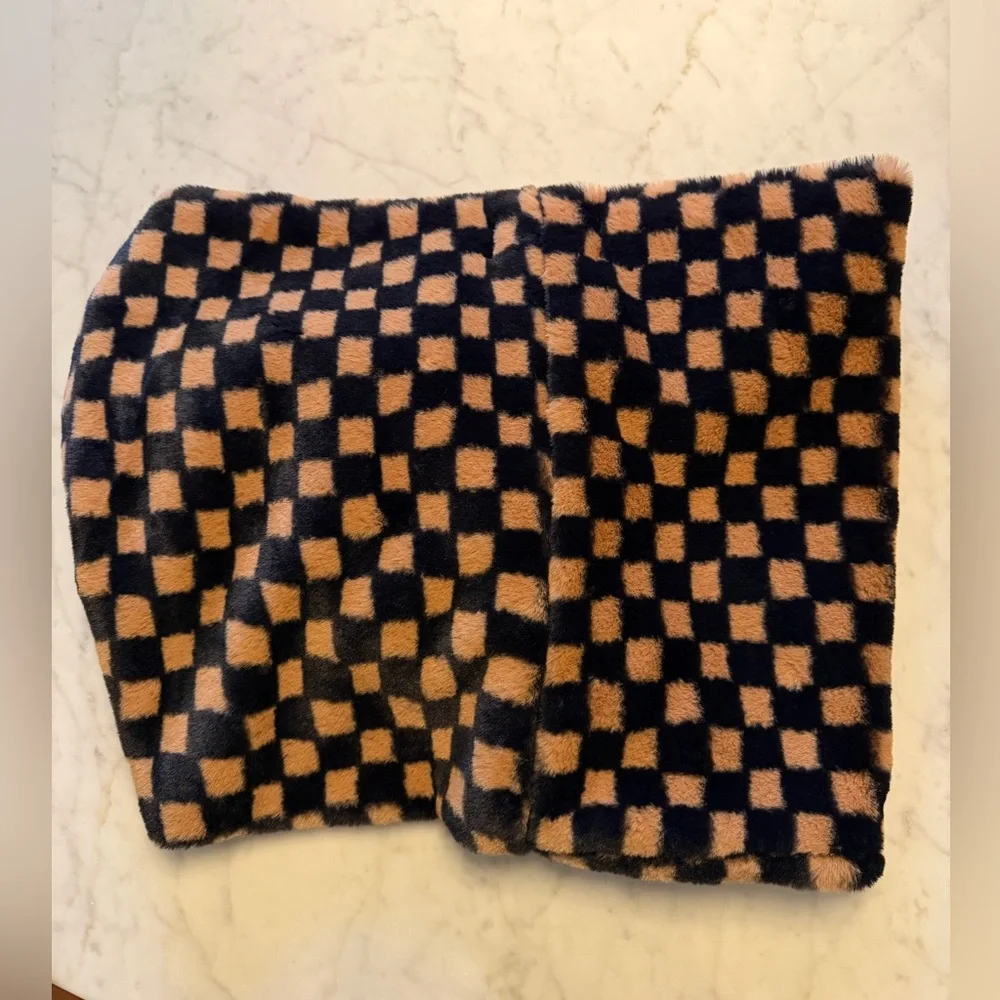 Anthropologie Navy & Tan Checkerboard Faux-Fur Wrap